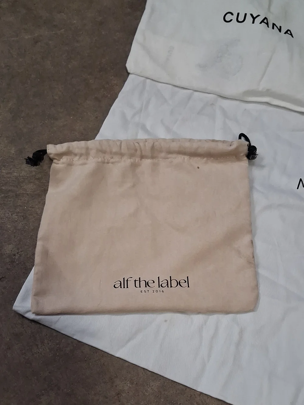 4 Assorted Drawstring Dust Bag Set, J. Crew, Mina Baie, Cuyana, Alf The Label